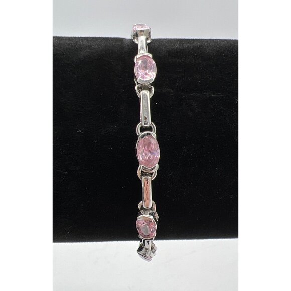 Sterling Silver Pink Gemstone Link Bracelet With Detailed Chain Design - Picture 1 of 6
